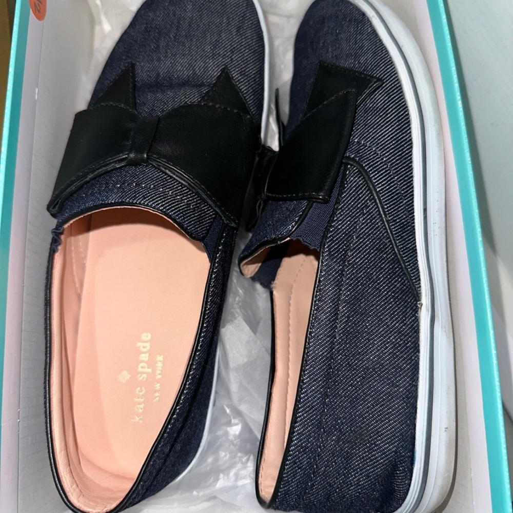 Kate Spade Denim Slip-Ons with Black Bow